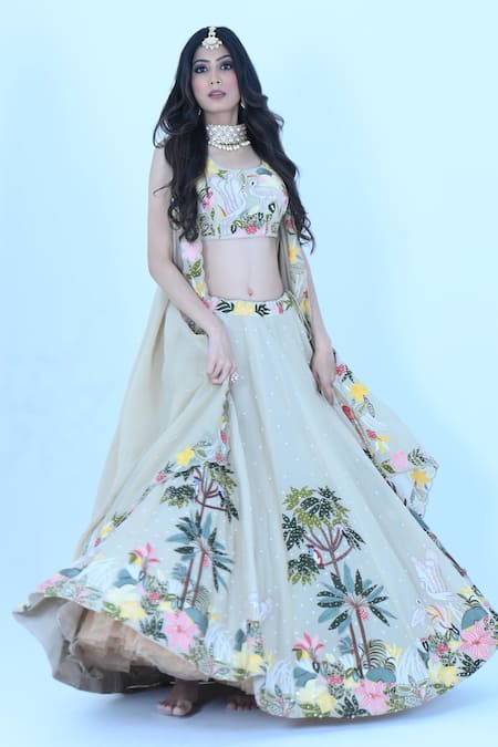 Zardozi Zari_Beige Silk, Organza Zari, Embroidery Round Flamingo Garden Zardozi Lehenga Set _Online_at_Aza_Fashions