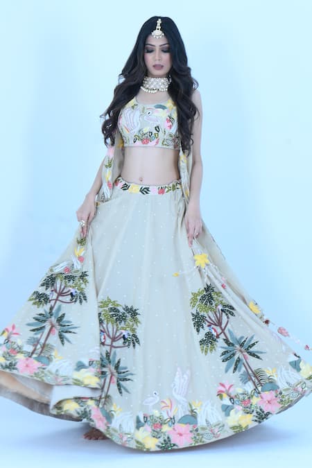 Buy_Zardozi Zari_Beige Silk, Organza Zari, Embroidery Round Flamingo Garden Zardozi Lehenga Set _Online_at_Aza_Fashions