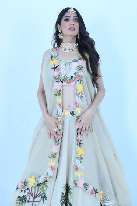 Shop_Zardozi Zari_Beige Silk, Organza Zari, Embroidery Round Flamingo Garden Zardozi Lehenga Set _Online_at_Aza_Fashions