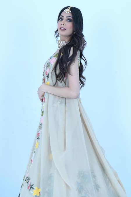 Zardozi Zari_Beige Silk, Organza Zari, Embroidery Round Flamingo Garden Zardozi Lehenga Set _at_Aza_Fashions