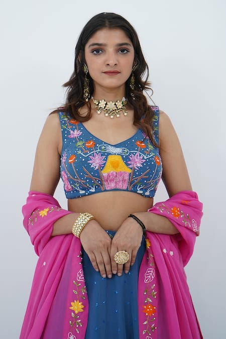 Zardozi Zari_Blue Silk, Organza Zari Wild Forest Zardozi Embroidered Ombre Lehenga Set _Online_at_Aza_Fashions