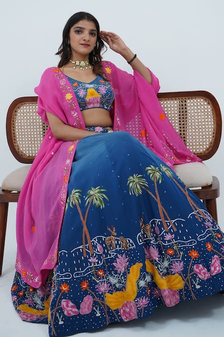 Buy_Zardozi Zari_Blue Silk, Organza Zari Wild Forest Zardozi Embroidered Ombre Lehenga Set _Online_at_Aza_Fashions