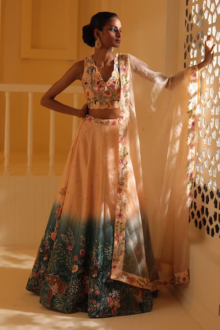 Zardozi Zari Peach Raw Silk Embroidery Leopard Garden V Neck Ombre Lehenga Set 