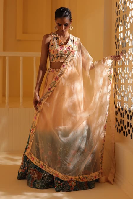Zardozi Zari Leopard Garden Embroidered Ombre Lehenga Set 
