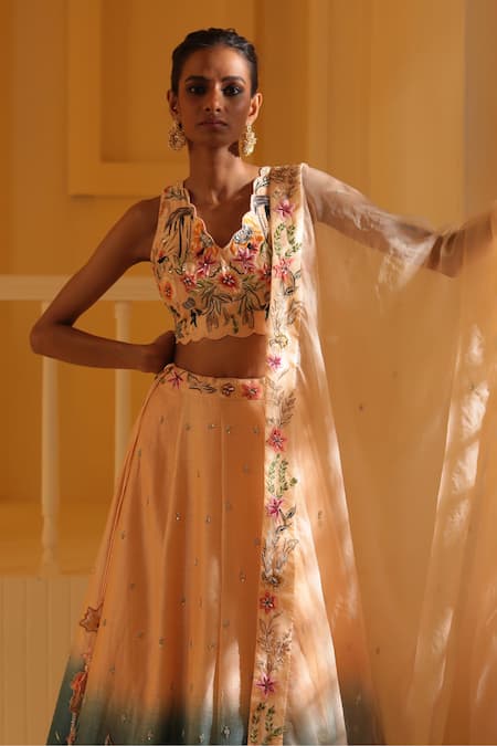 Zardozi Zari Peach Silk Embroidery V-neck Leopard Garden Ombre Lehenga Set Online at Aza Fashions Zardozi Zari_Peach Silk Embroidery V-neck Leopard Garden Ombre Lehenga Set _Online_at_Aza_Fashions