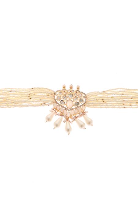 Buy_Minaki_White Pearls, Gota Patti Chandani Kundan Embellished Choker Set _Online_at_Aza_Fashions