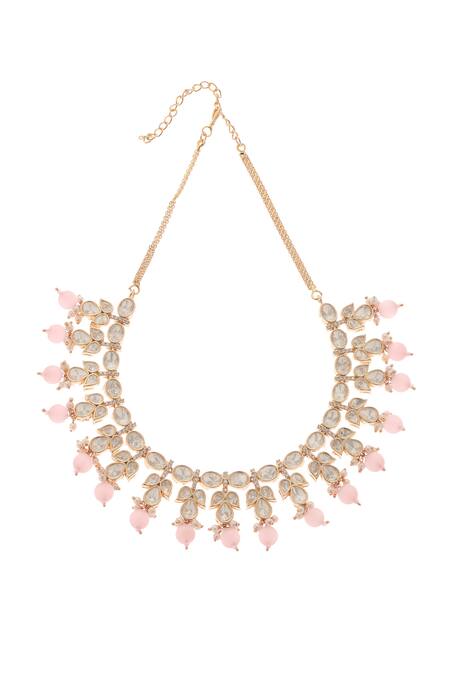 Minaki_Pink Beads, Pearls Gauri Floret Carved Necklace Set _Online_at_Aza_Fashions