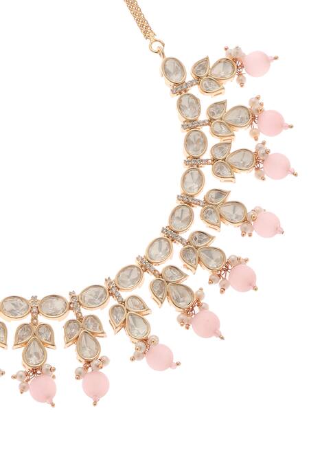Buy_Minaki_Pink Beads, Pearls Gauri Floret Carved Necklace Set _Online_at_Aza_Fashions