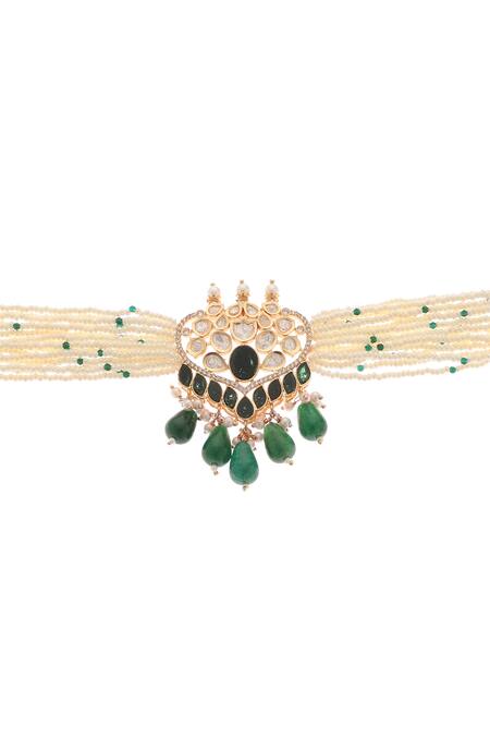 Buy_Minaki_Green Beads, Diamonds Misha Kundan Embellished Choker Set _Online_at_Aza_Fashions