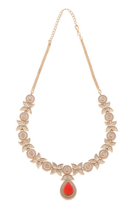 Minaki_Red Stones, Zari Meena Floret Carved Necklace Set _Online_at_Aza_Fashions