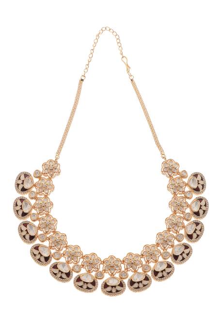 Minaki Red Metallic Thread, Stones Maharani Floret Carved Necklace Set Online at Aza Fashions Minaki_Red Metallic Thread, Stones Maharani Floret Carved Necklace Set _Online_at_Aza_Fashions