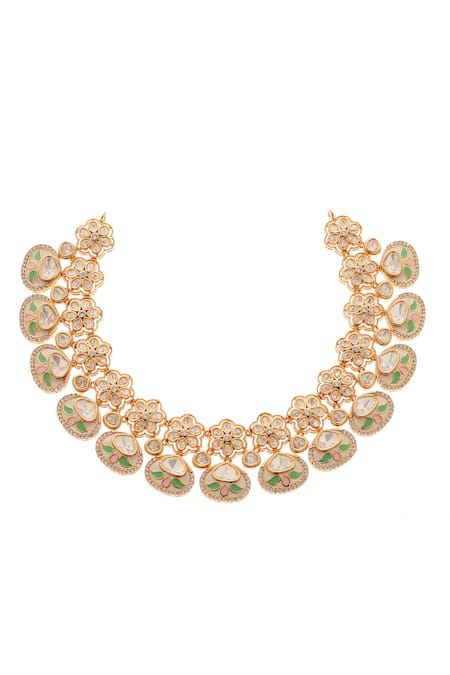 Minaki Green Metallic Thread, Stones Rani Polki Embellished Necklace Set Online at Aza Fashions Minaki_Green Metallic Thread, Stones Rani Polki Embellished Necklace Set _Online_at_Aza_Fashions