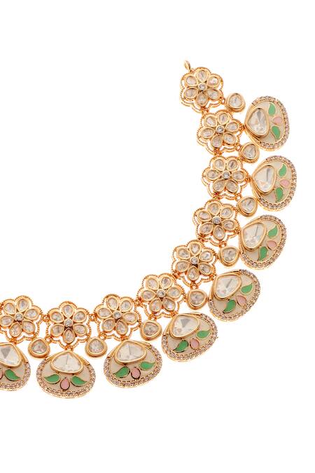Buy Minaki Green Metallic Thread, Stones Rani Polki Embellished Necklace Set Online at Aza Fashions Buy_Minaki_Green Metallic Thread, Stones Rani Polki Embellished Necklace Set _Online_at_Aza_Fashions