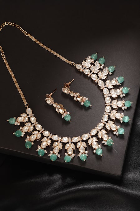 MINAKI Gauri Emerald Polki Embellished Necklace Set 