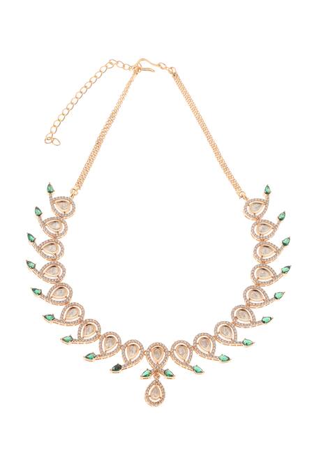 Minaki_Green Stones, Diamonds Tear Drop Carved Necklace Set _Online_at_Aza_Fashions