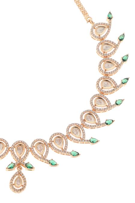 Buy_Minaki_Green Stones, Diamonds Tear Drop Carved Necklace Set _Online_at_Aza_Fashions