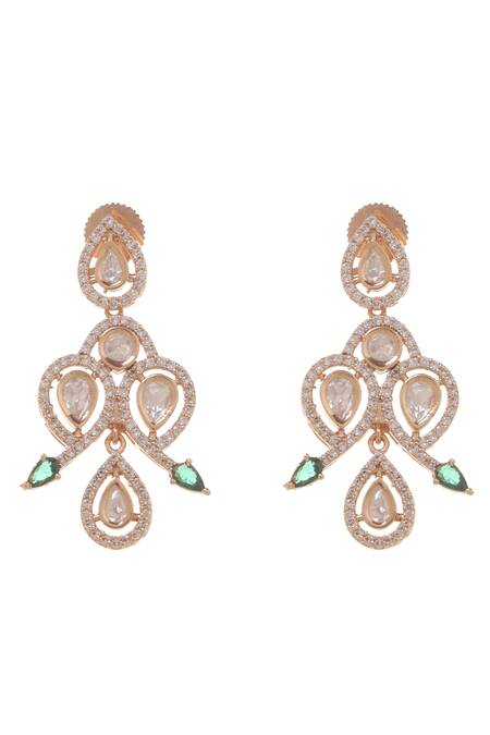 Shop_Minaki_Green Stones, Diamonds Tear Drop Carved Necklace Set _Online_at_Aza_Fashions