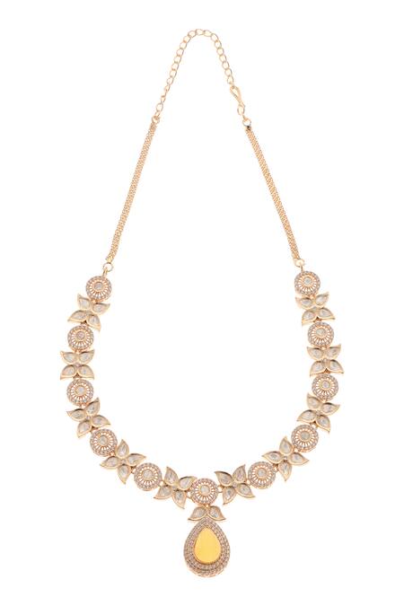 Minaki_Yellow Stones, Piping Floret Carved Pendant Necklace Set _Online_at_Aza_Fashions