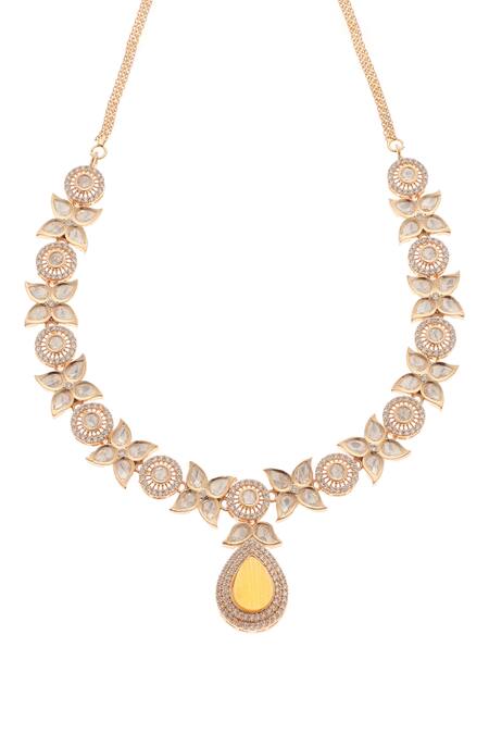 Buy_Minaki_Yellow Stones, Piping Floret Carved Pendant Necklace Set _Online_at_Aza_Fashions
