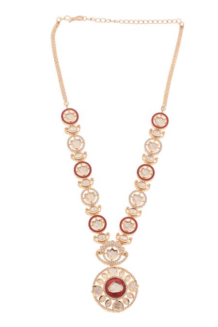 Minaki Red Metallic Thread, Stones Daksha Polki Embellished Pendant Necklace Set Online at Aza Fashions Minaki_Red Metallic Thread, Stones Daksha Polki Embellished Pendant Necklace Set _Online_at_Aza_Fashions