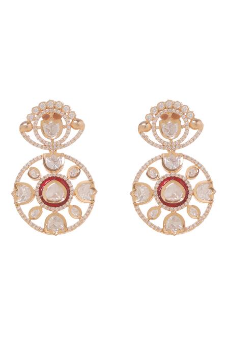 Shop_Minaki_Red Metallic Thread, Stones Daksha Polki Embellished Pendant Necklace Set _Online_at_Aza_Fashions