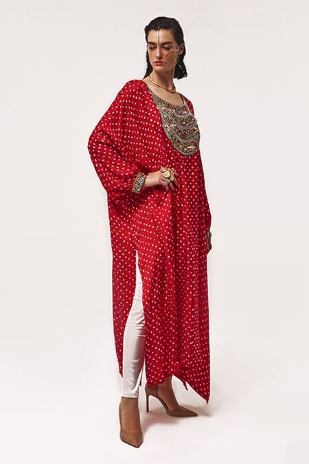 Shop_Tisha Saksena_Red Handloom Rekhtan Bandhini Pattern Embellished Kaftan With Cigarette Pant _Online_at_Aza_Fashions