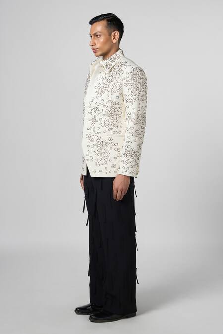 Line Out Line_Off White Cotton Twill Embroidery Crystal Urban Sprawl Jacket_Online_at_Aza_Fashions
