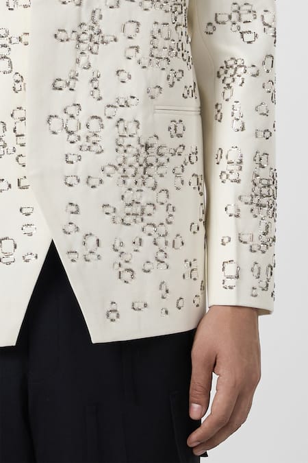 Line Out Line_Off White Cotton Twill Embroidery Crystal Urban Sprawl Jacket_at_Aza_Fashions