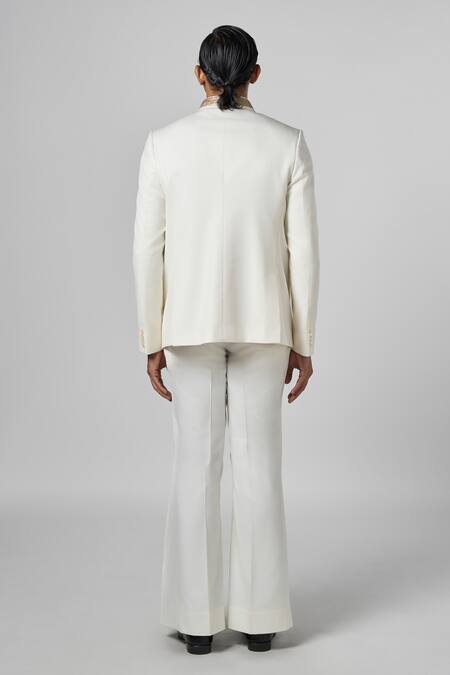 Shop Line Out Line Off White Cotton Twill Embroidery Pitta Stripe Bandhgala at Aza Fashions Shop_Line Out Line_Off White Cotton Twill Embroidery Pitta Stripe Bandhgala_at_Aza_Fashions