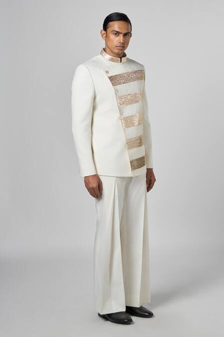 Line Out Line Off White Cotton Twill Embroidery Pitta Stripe Bandhgala Online at Aza Fashions Line Out Line_Off White Cotton Twill Embroidery Pitta Stripe Bandhgala_Online_at_Aza_Fashions