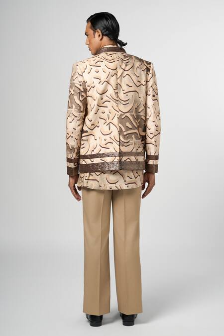 Shop_Line Out Line_Beige Cotton Linen Print Stucco Open Jacket_at_Aza_Fashions