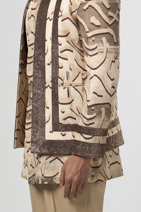 Line Out Line_Beige Cotton Linen Print Stucco Open Jacket_Online_at_Aza_Fashions