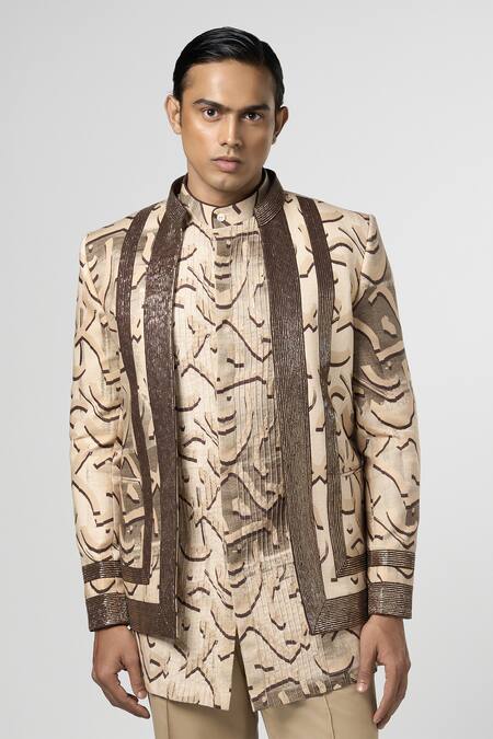 Buy_Line Out Line_Beige Cotton Linen Print Stucco Open Jacket_Online_at_Aza_Fashions