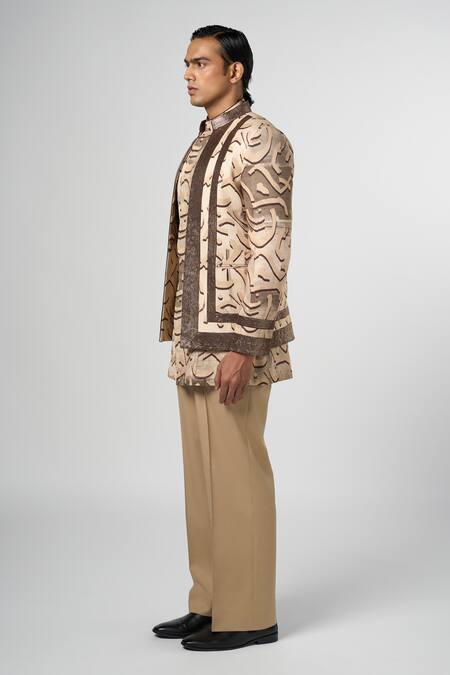 Shop_Line Out Line_Beige Cotton Linen Print Stucco Open Jacket_Online_at_Aza_Fashions