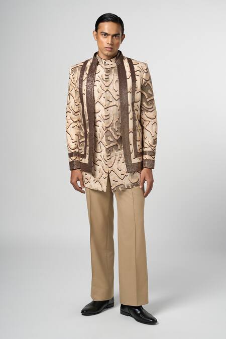 Line Out Line_Beige Cotton Linen Print Stucco Open Jacket_at_Aza_Fashions