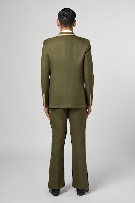 Shop Line Out Line Green Matka Cotton Cut And Sew & Detail Column Blazer at Aza Fashions Shop_Line Out Line_Green Matka Cotton Cut And Sew & Detail Column Blazer_at_Aza_Fashions