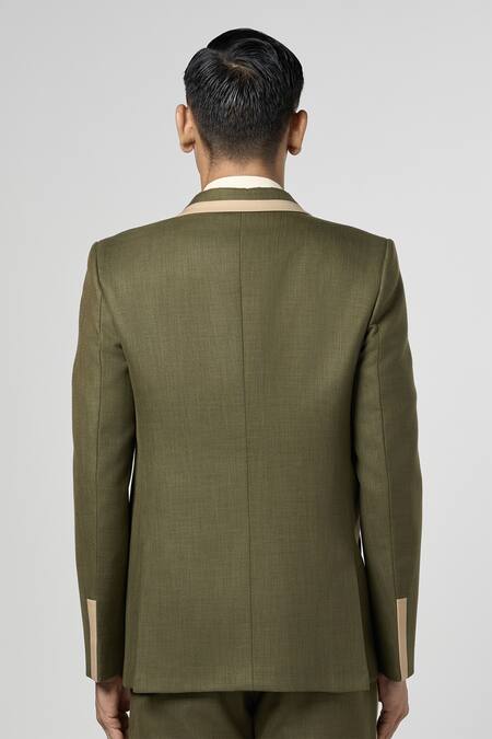 Line Out Line Green Matka Cotton Cut And Sew & Detail Column Blazer Online at Aza Fashions Line Out Line_Green Matka Cotton Cut And Sew & Detail Column Blazer_Online_at_Aza_Fashions