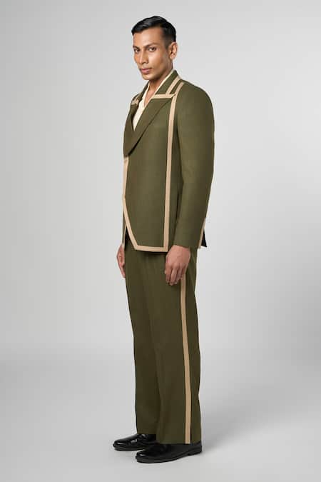 Buy Line Out Line Green Matka Cotton Cut And Sew & Detail Column Blazer Online at Aza Fashions Buy_Line Out Line_Green Matka Cotton Cut And Sew & Detail Column Blazer_Online_at_Aza_Fashions