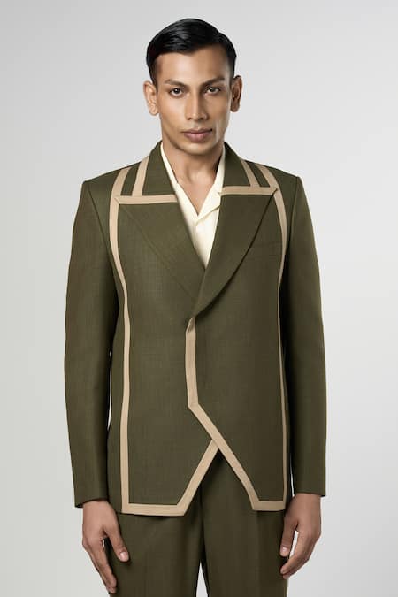 Line Out Line Green Matka Cotton Cut And Sew & Detail Column Blazer at Aza Fashions Line Out Line_Green Matka Cotton Cut And Sew & Detail Column Blazer_at_Aza_Fashions