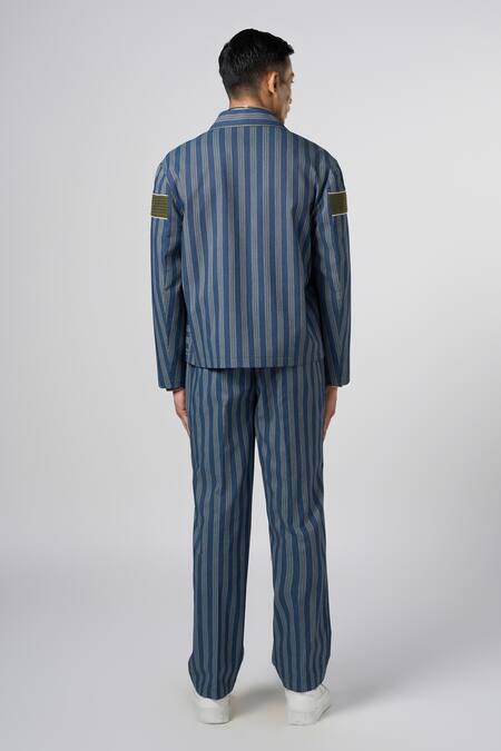 Shop_Line Out Line_Blue Denim Structure Jacket_at_Aza_Fashions