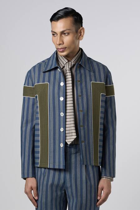 Buy_Line Out Line_Blue Denim Structure Jacket_Online_at_Aza_Fashions