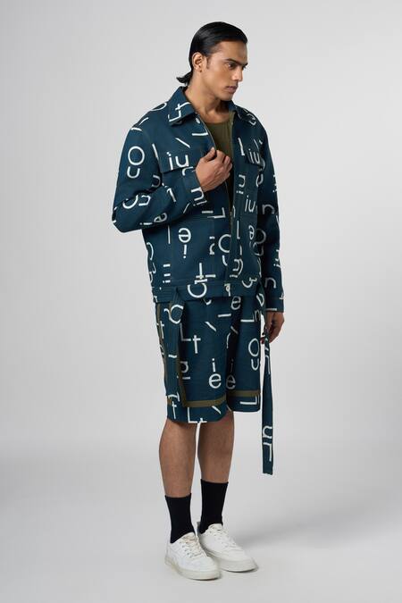 Line Out Line_Blue Cotton Linen Print Alphabet Bomber Jacket_Online_at_Aza_Fashions