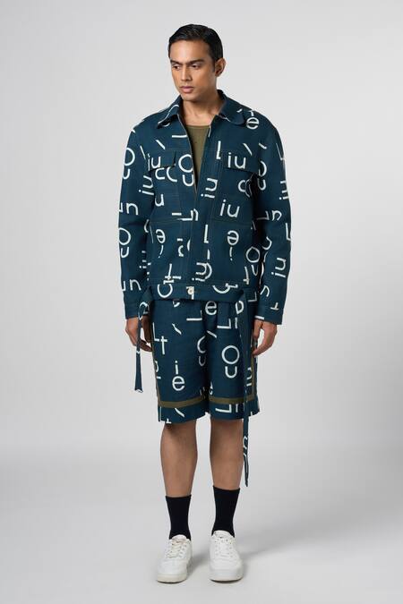 Buy_Line Out Line_Blue Cotton Linen Print Alphabet Bomber Jacket_Online_at_Aza_Fashions