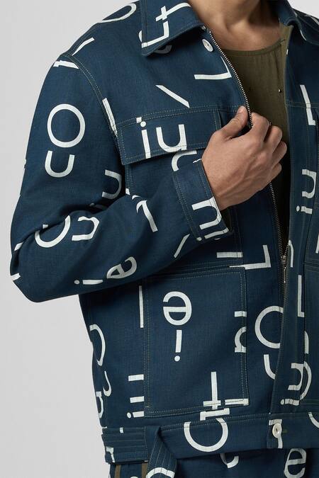 Shop_Line Out Line_Blue Cotton Linen Print Alphabet Bomber Jacket_Online_at_Aza_Fashions
