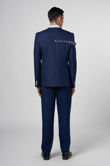 Shop Line Out Line Blue Matka Cotton Embroidery Bead Cityscape Blazer at Aza Fashions Shop_Line Out Line_Blue Matka Cotton Embroidery Bead Cityscape Blazer_at_Aza_Fashions