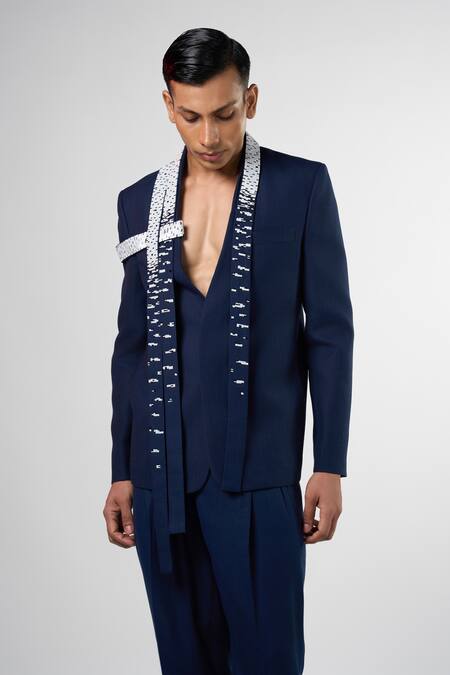 Line Out Line Blue Matka Cotton Embroidery Bead Cityscape Blazer Online at Aza Fashions Line Out Line_Blue Matka Cotton Embroidery Bead Cityscape Blazer_Online_at_Aza_Fashions