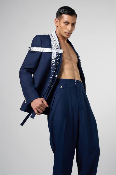 Buy Line Out Line Blue Matka Cotton Embroidery Bead Cityscape Blazer Online at Aza Fashions Buy_Line Out Line_Blue Matka Cotton Embroidery Bead Cityscape Blazer_Online_at_Aza_Fashions