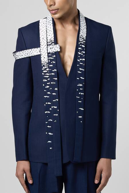 Shop Line Out Line Blue Matka Cotton Embroidery Bead Cityscape Blazer Online at Aza Fashions Shop_Line Out Line_Blue Matka Cotton Embroidery Bead Cityscape Blazer_Online_at_Aza_Fashions