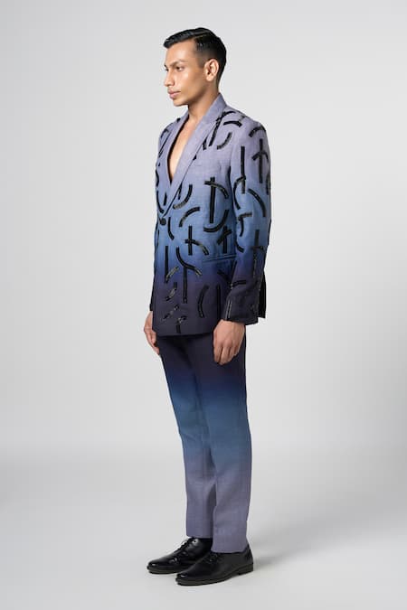 Line Out Line_Blue Linen Embroidery Nalki Ombre Stucco Blazer_Online_at_Aza_Fashions