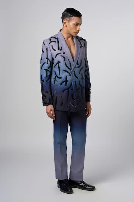 Buy_Line Out Line_Blue Linen Embroidery Nalki Ombre Stucco Blazer_Online_at_Aza_Fashions
